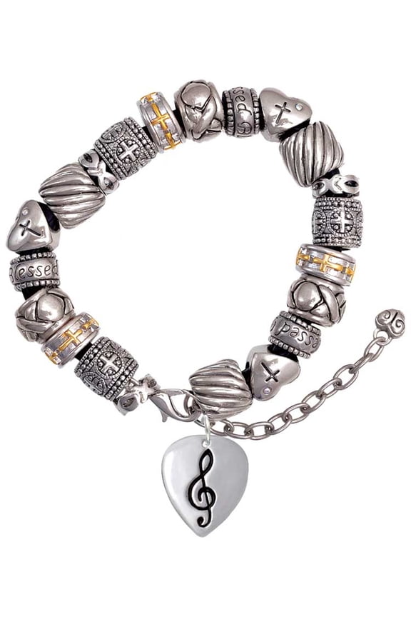 Silvertone Large Clef on Guitar Pick Silver Tone Christian Bead Bracelet