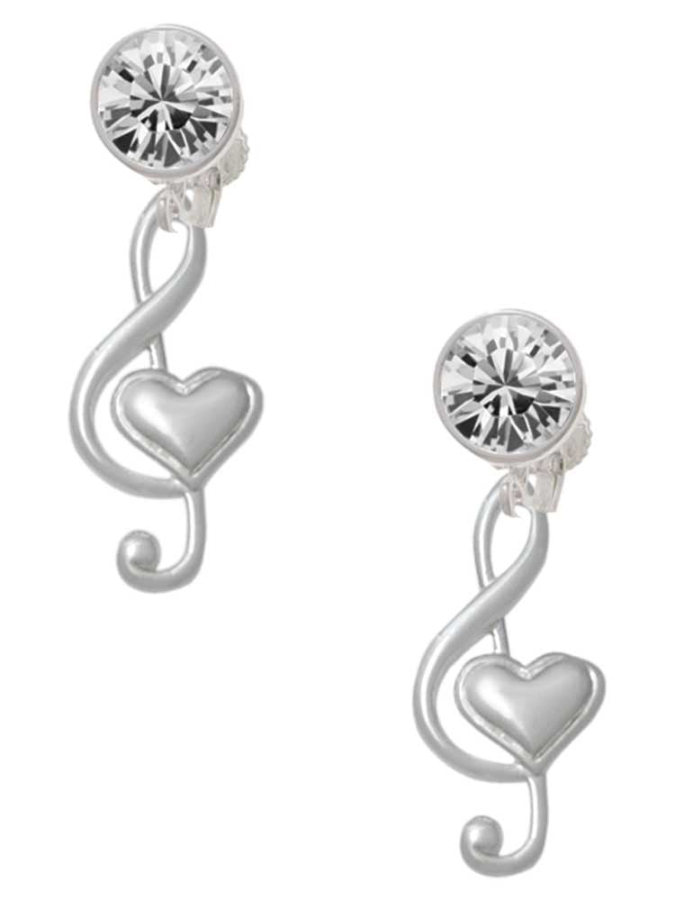 Silvertone Large Clef with Heart Clear Crystal Clip On Earrings