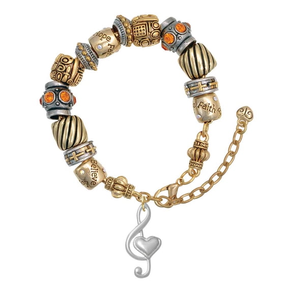 Silvertone Large Clef with Heart Two Tone Christian Bead Bracelet
