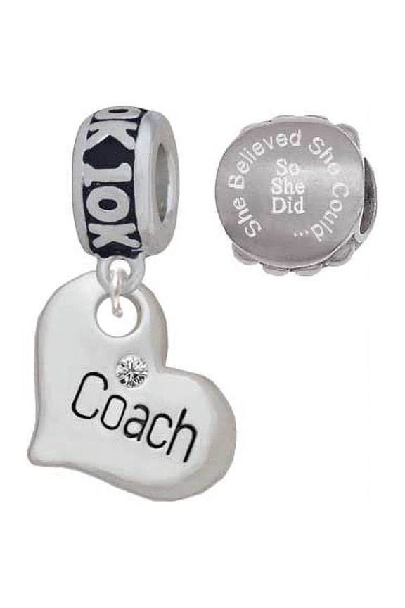 Silvertone Large ''Coach'' Heart 10K Run She Believed She Could Charm Beads (Set of 2)