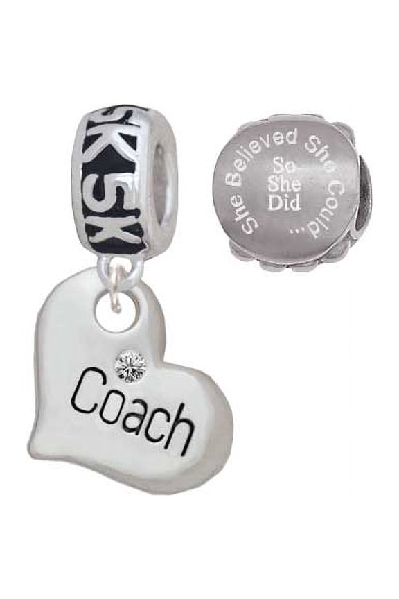 Silvertone Large ''Coach'' Heart 5K Run She Believed She Could Charm Beads (Set of 2)