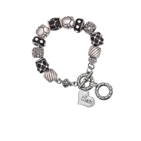 Silvertone Large ''Coach'' Heart Black Pebble Bead Charm Bracelet