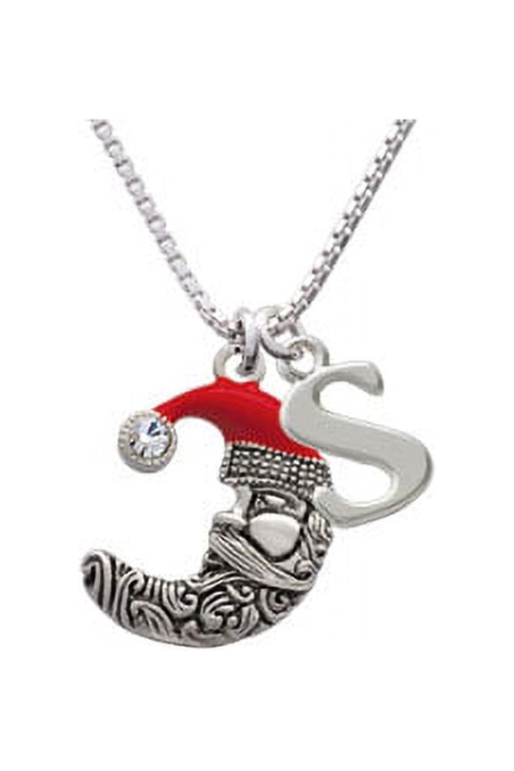 Silvertone Large Crescent Moon Santa Face Capital Initial S Necklace