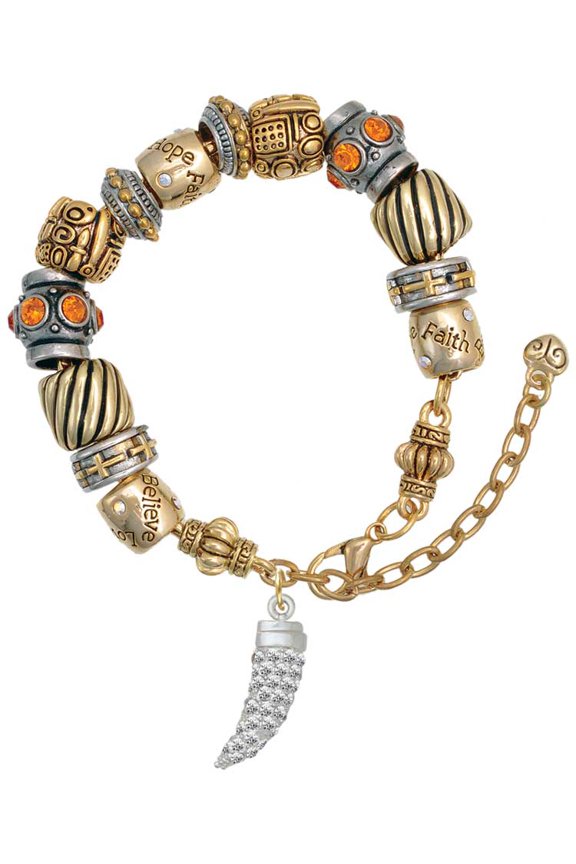 Silvertone Large Crystal Sabre Tooth Two Tone Christian Bead Bracelet