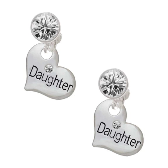 Silvertone Large ''Daughter'' Heart with Clear Crystal Clear Crystal Clip On Earrings