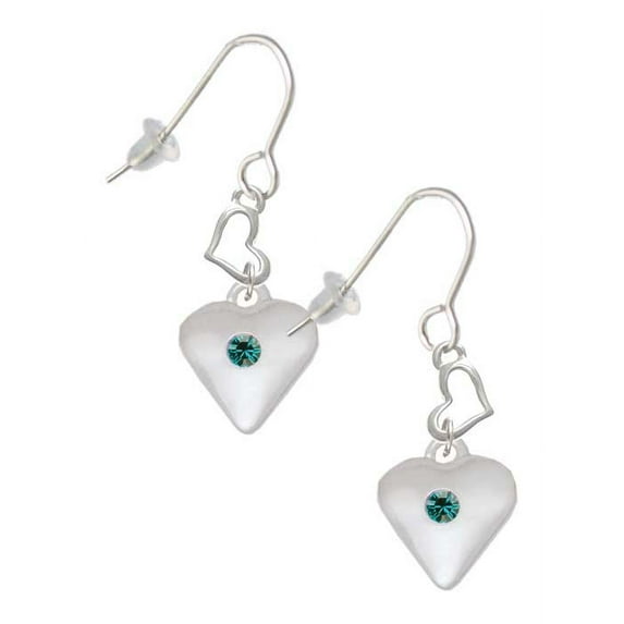Silvertone Large December - Teal Crystal Heart Heart French Earrings