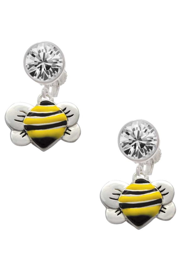 Silvertone Large Enamel Bumble Bee Clear Crystal Clip On Earrings