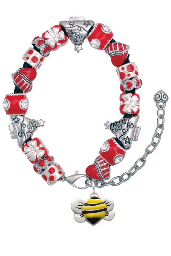 Silvertone Large Enamel Bumble Bee Red Christmas Bead Bracelet