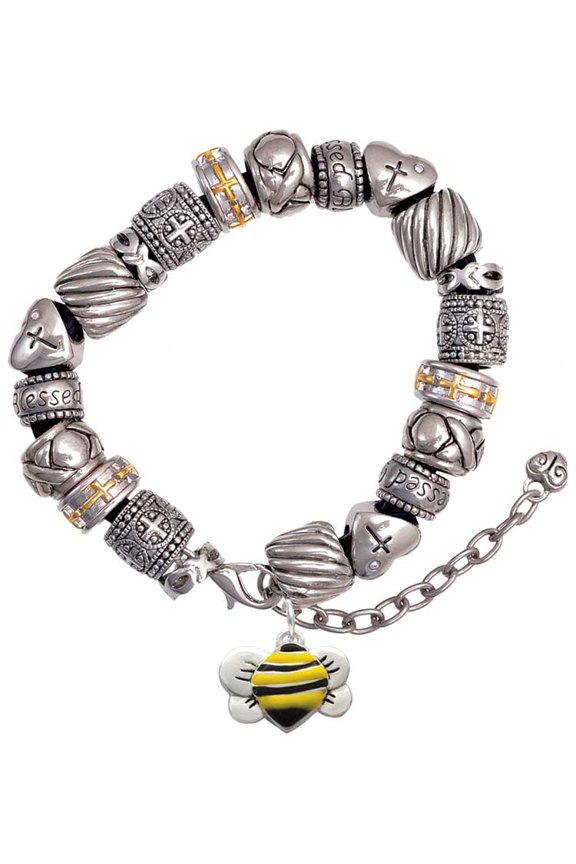 Silvertone Large Enamel Bumble Bee Silver Tone Christian Bead Bracelet