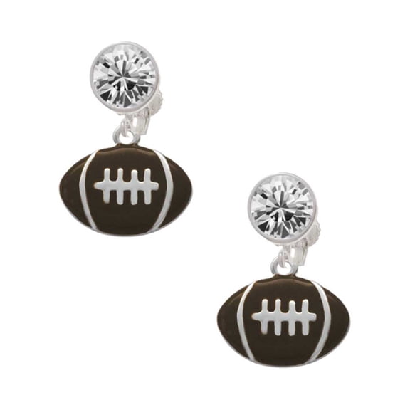 Silvertone Large Enamel Football Clear Crystal Clip On Earrings
