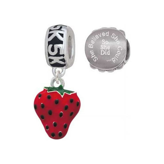 Silvertone Large Enamel Strawberry 5K Run She Believed She Could Charm Beads (Set of 2)