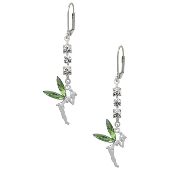 Silvertone Large Fairy with Lime Green Wings Crystal Madison Leverback Earrings