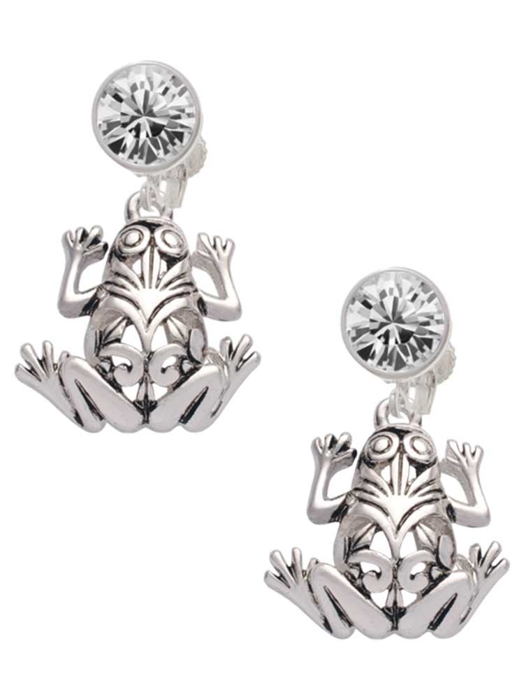 Silvertone Large Filigree Frog Clear Crystal Clip On Earrings