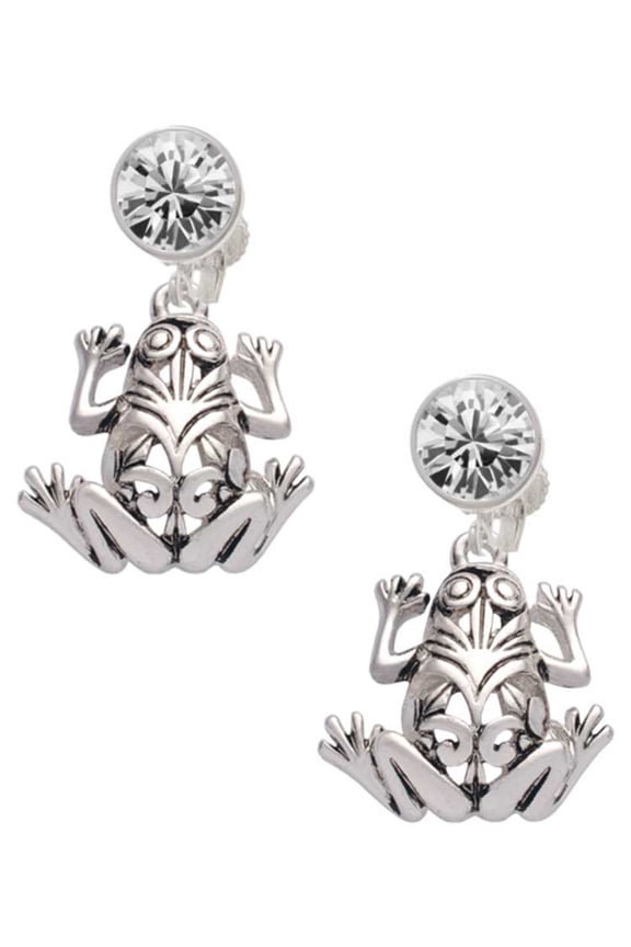 Silvertone Large Filigree Frog Clear Crystal Clip On Earrings