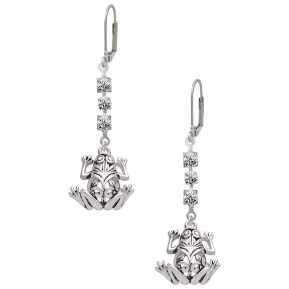 Silvertone Large Filigree Frog Crystal Madison Leverback Earrings