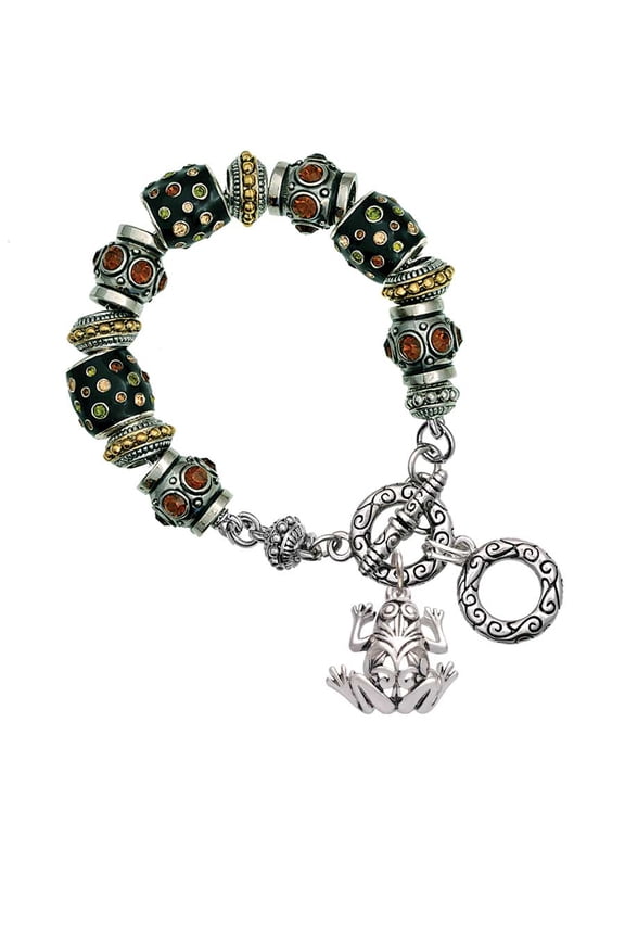 Silvertone Large Filigree Frog Fall Crystal Bead Charm Bracelet