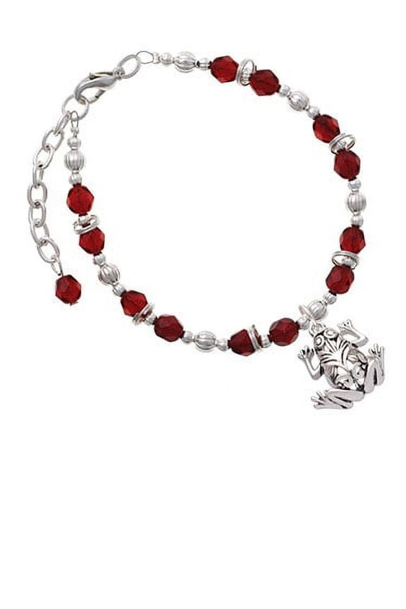 Silvertone Large Filigree Frog Maroon Beaded Bracelet