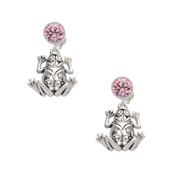 Delight Jewelry Silvertone Large Filigree Frog Pink Crystal Clip on Earrings