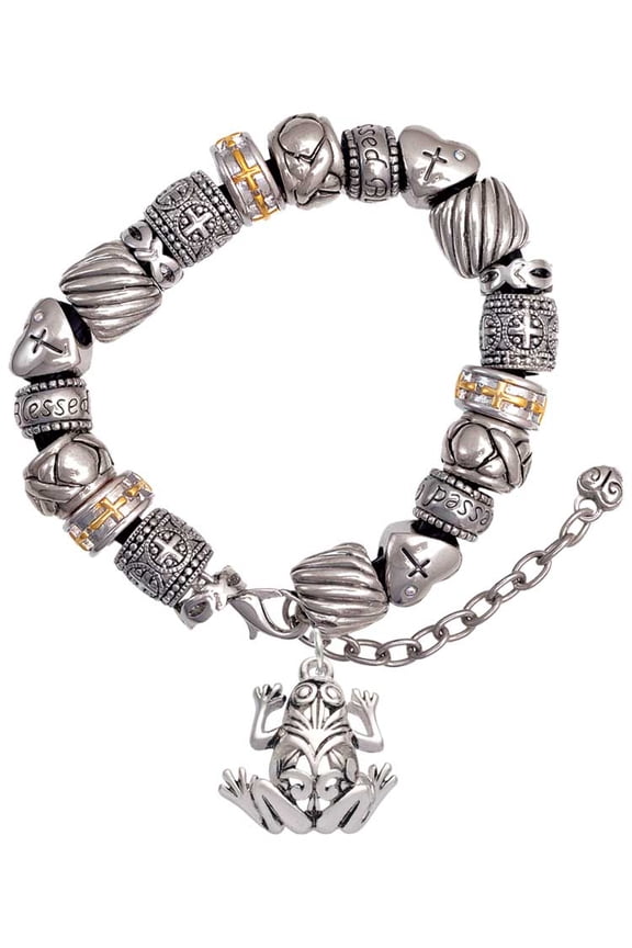 Silvertone Large Filigree Frog Silver Tone Christian Bead Bracelet