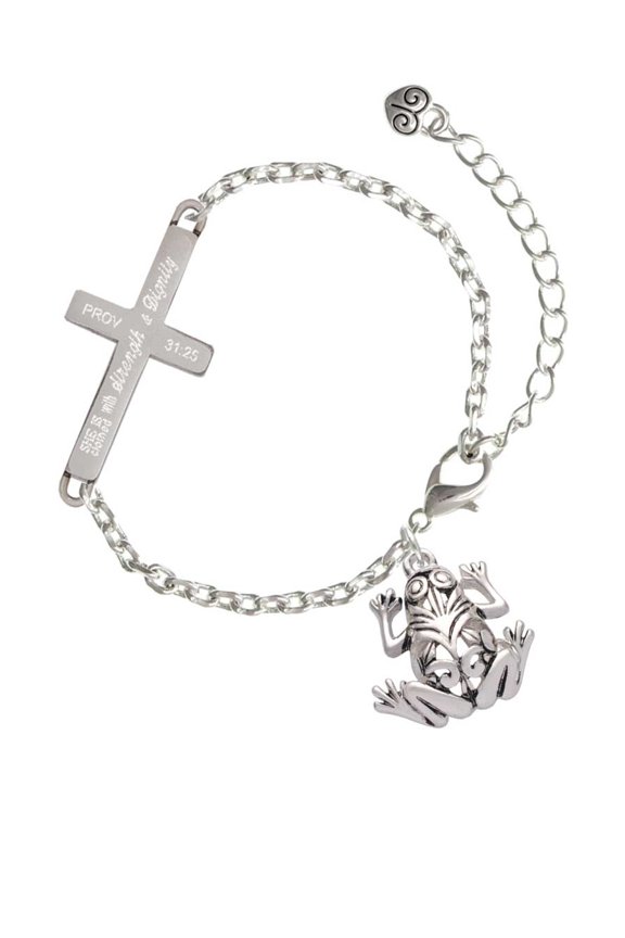 Silvertone Large Filigree Frog - Strength and Dignity - Cross Bracelet