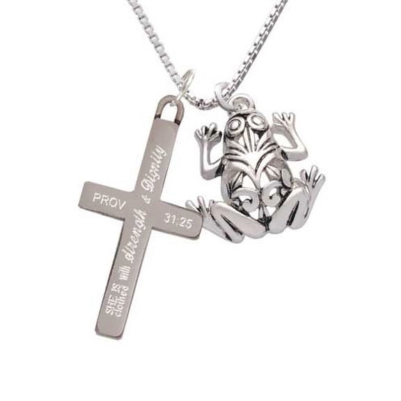 Silvertone Large Filigree Frog - Strength and Dignity - Cross Necklace