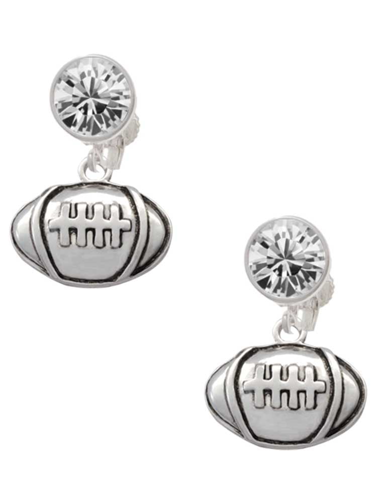 Silvertone Large Football Clear Crystal Clip On Earrings