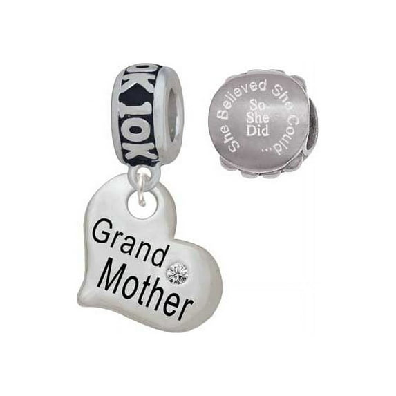 Silvertone Large ''Grandmother'' Heart with Clear Crystal 10K Run She Believed She Could Charm Beads (Set of 2)