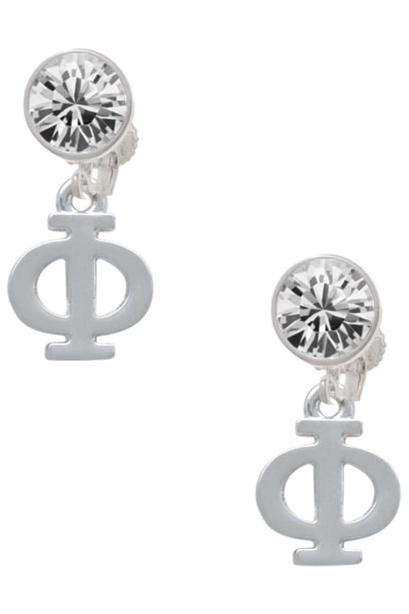 Silvertone Large Greek Letter - Phi - Clear Crystal Clip On Earrings