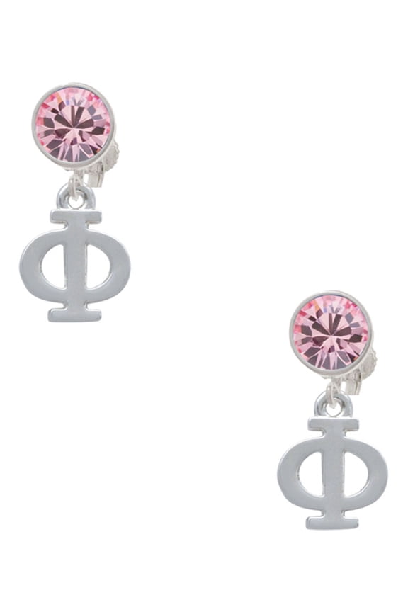 Silvertone Large Greek Letter - Phi - Pink Crystal Clip on Earrings