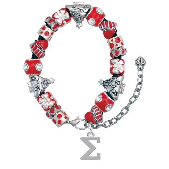 Silvertone Large Greek Letter - Sigma - Red Christmas Bead Bracelet