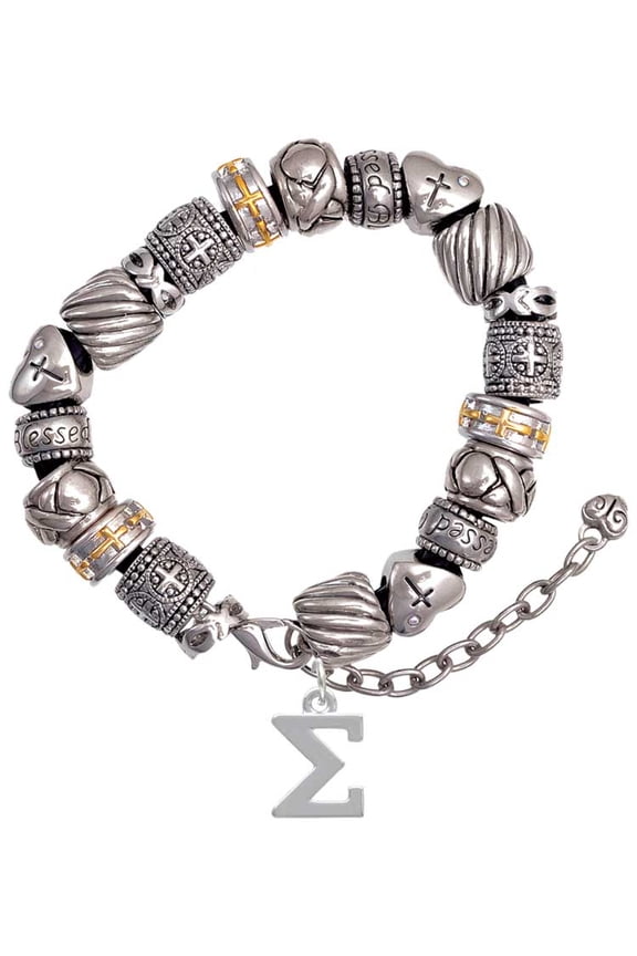 Silvertone Large Greek Letter - Sigma - Silver Tone Christian Bead Bracelet