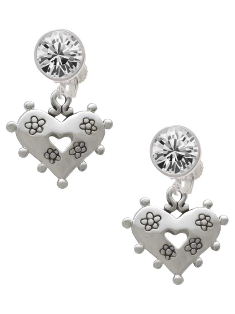 Silvertone Large Heart with Flowers Clear Crystal Clip On Earrings