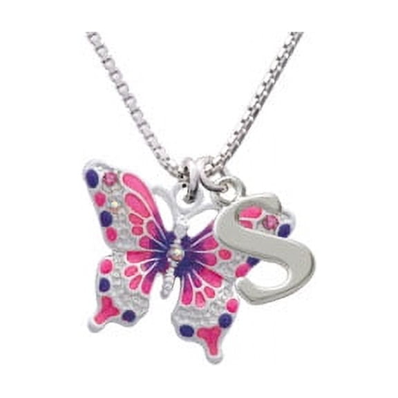 Silvertone Large Hot Pink & Purple Butterfly Capital Initial S Necklace