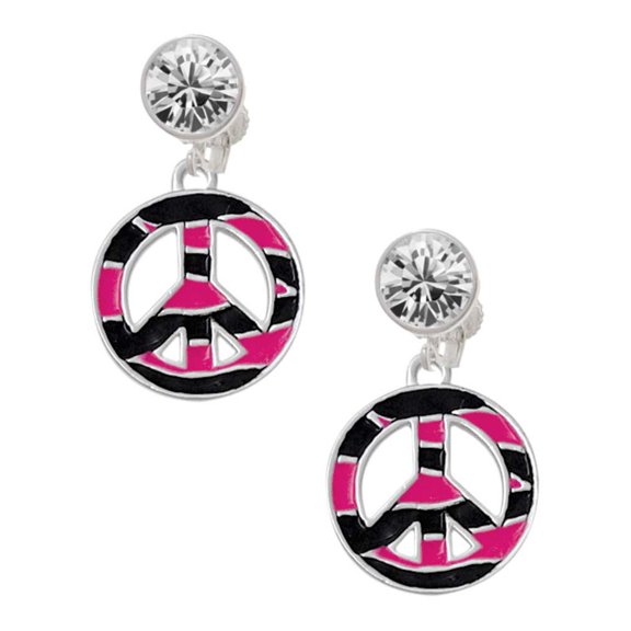 Silvertone Large Hot Pink Tiger Print Peace Sign Clear Crystal Clip On Earrings