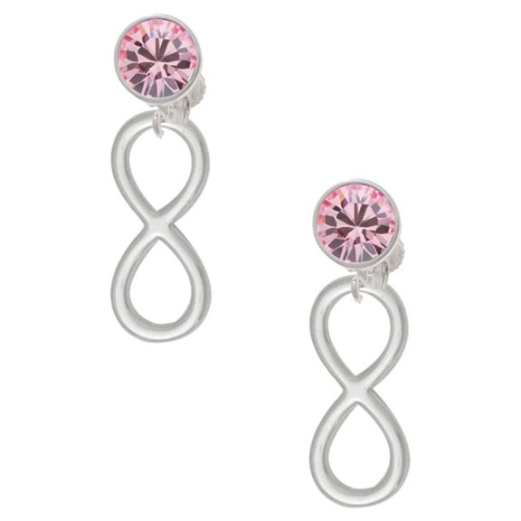 Silvertone Large Infinity Sign Pink Crystal Clip On Earrings