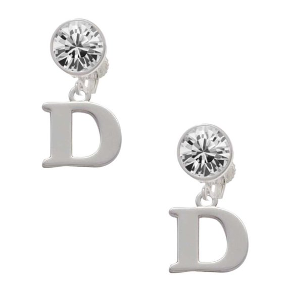 Silvertone Large Initial - D - Clear Crystal Clip On Earrings