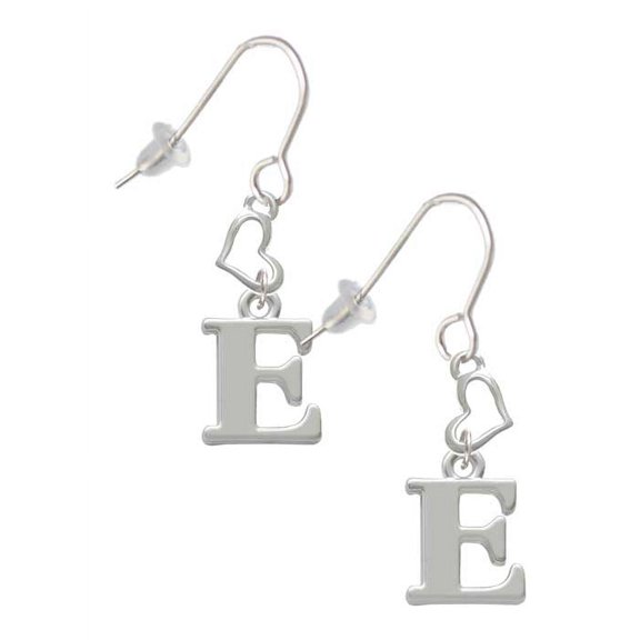 Silvertone Large Initial - E - Heart French Earrings
