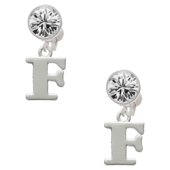 Silvertone Large Initial - F - Clear Crystal Clip On Earrings