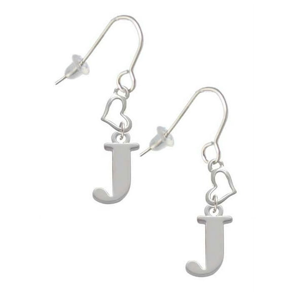 Silvertone Large Initial - J - Heart French Earrings