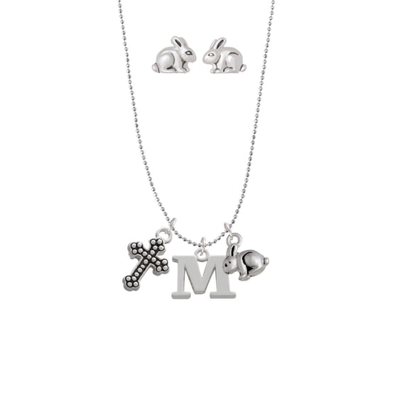 Silvertone Large Initial - M - Silver Tone Cross and Bunny Necklace and Earrings Set
