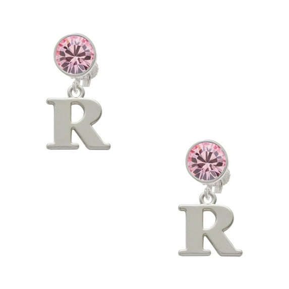 Delight Jewelry Silvertone Large Initial - R - Pink Crystal Clip on Earrings