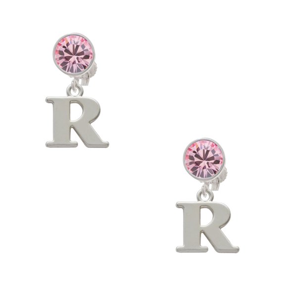 Delight Jewelry Silvertone Large Initial - R - Pink Crystal Clip on Earrings