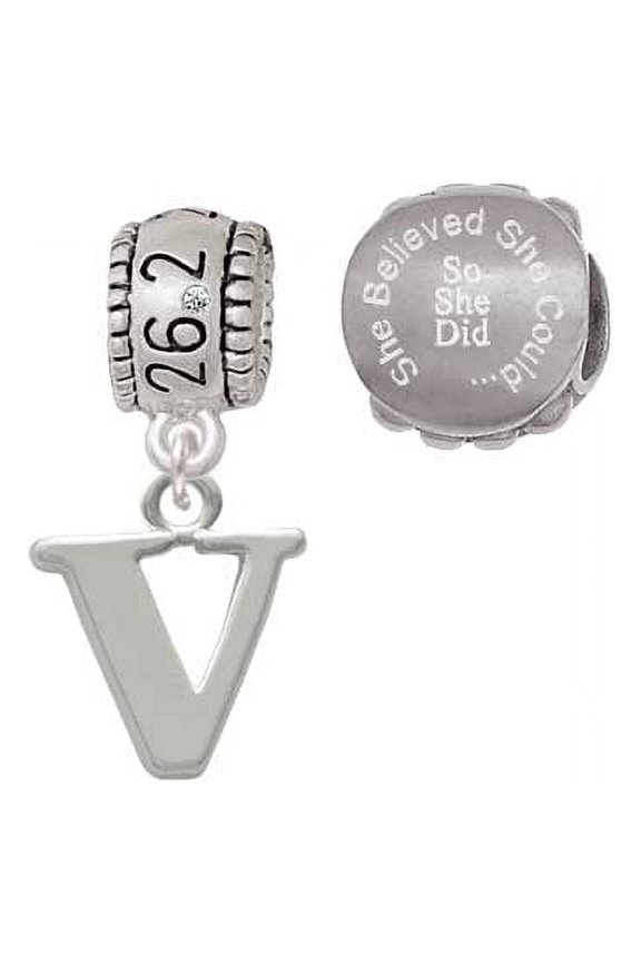 Silvertone Large Initial - V - 26.2 Marathon Run She Believed She Could Charm Beads (Set of 2)