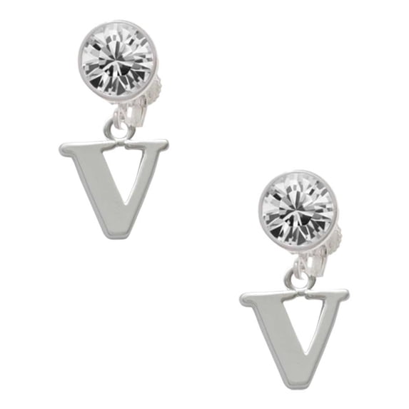 Silvertone Large Initial - V - Clear Crystal Clip On Earrings