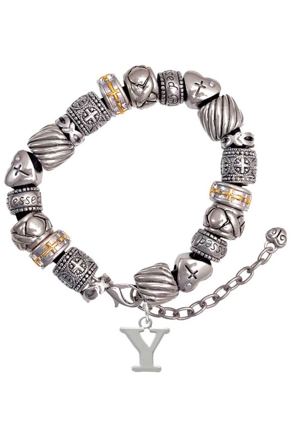 Silvertone Large Initial - Y - Silver Tone Christian Bead Bracelet
