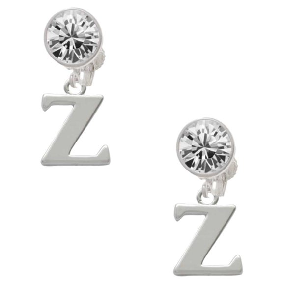 Silvertone Large Initial - Z - Clear Crystal Clip On Earrings