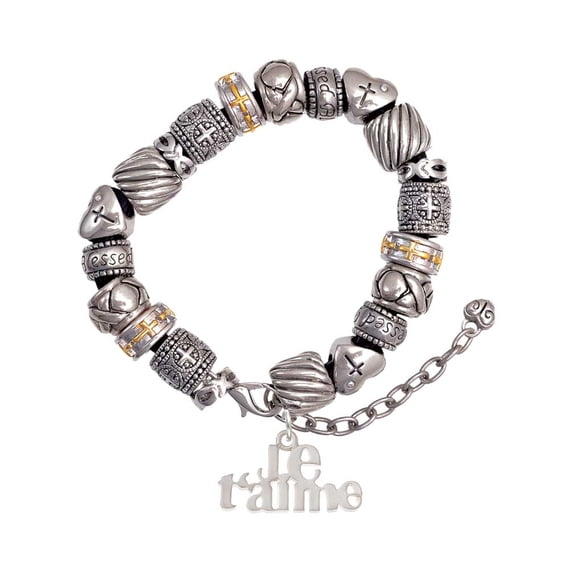 Silvertone Large Je T'aime Silver Tone Christian Bead Bracelet