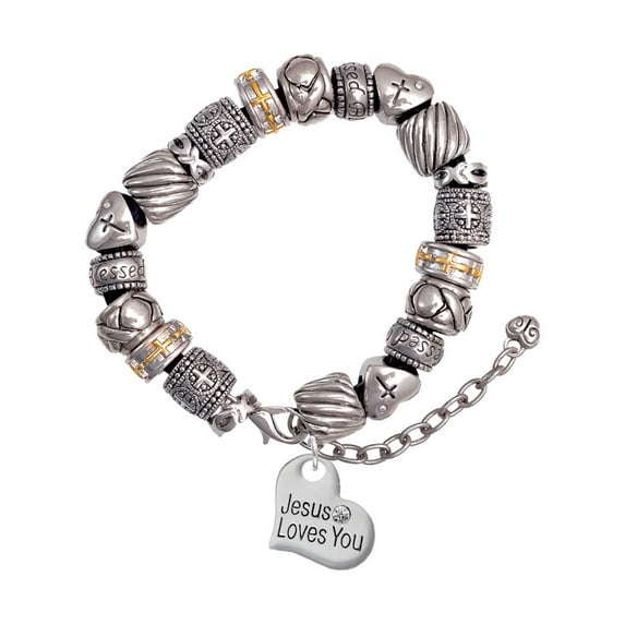 Silvertone Large Jesus Loves You Heart Silver Tone Christian Bead Bracelet