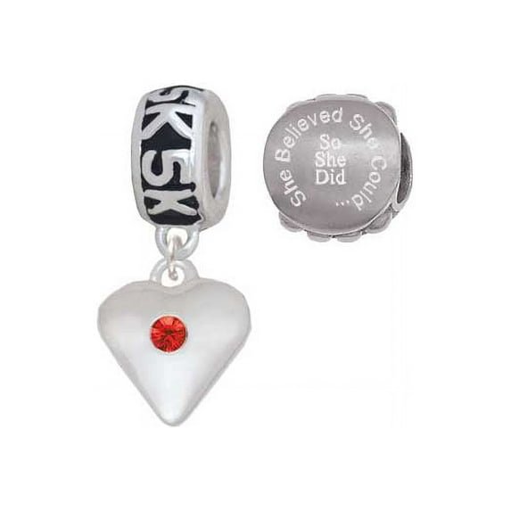 Silvertone Large July - Red Crystal Heart 5K Run She Believed She Could Charm Beads (Set of 2)