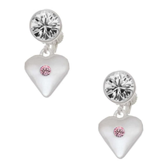 Silvertone Large Light Pink Crystal Heart Clear Crystal Clip On Earrings